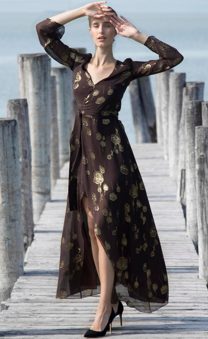 Jane silk dress with fil coupé gold flowers Odysay